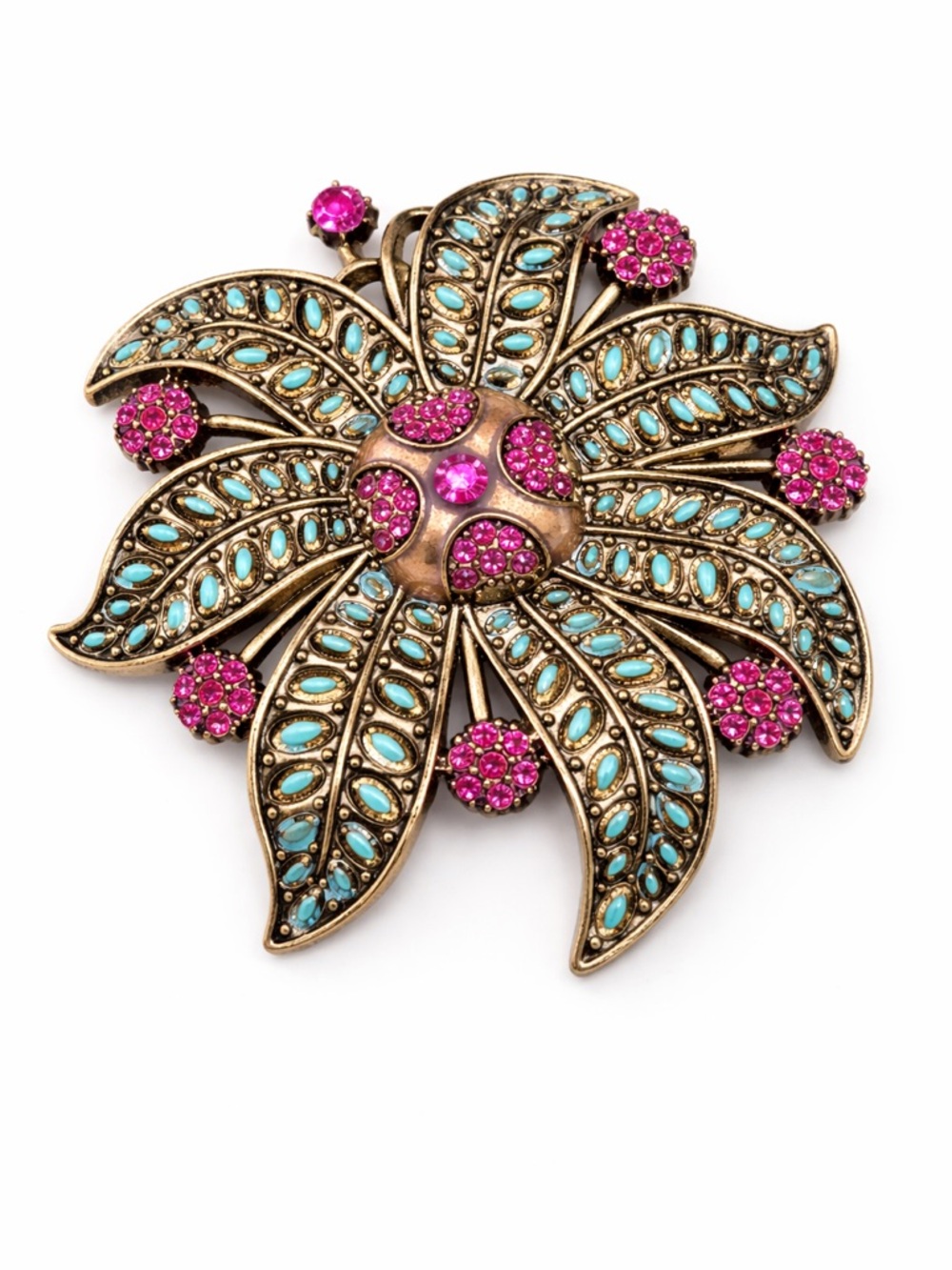 Vintage Style Gold Tone Turquoise Pink Rhinestone Floral Large Statement Brooch